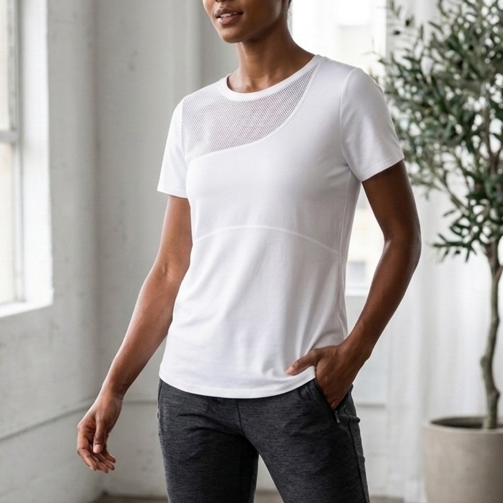 Sandro Paris White Mixed Media Mesh Inset Tee - Size 1 (Small)